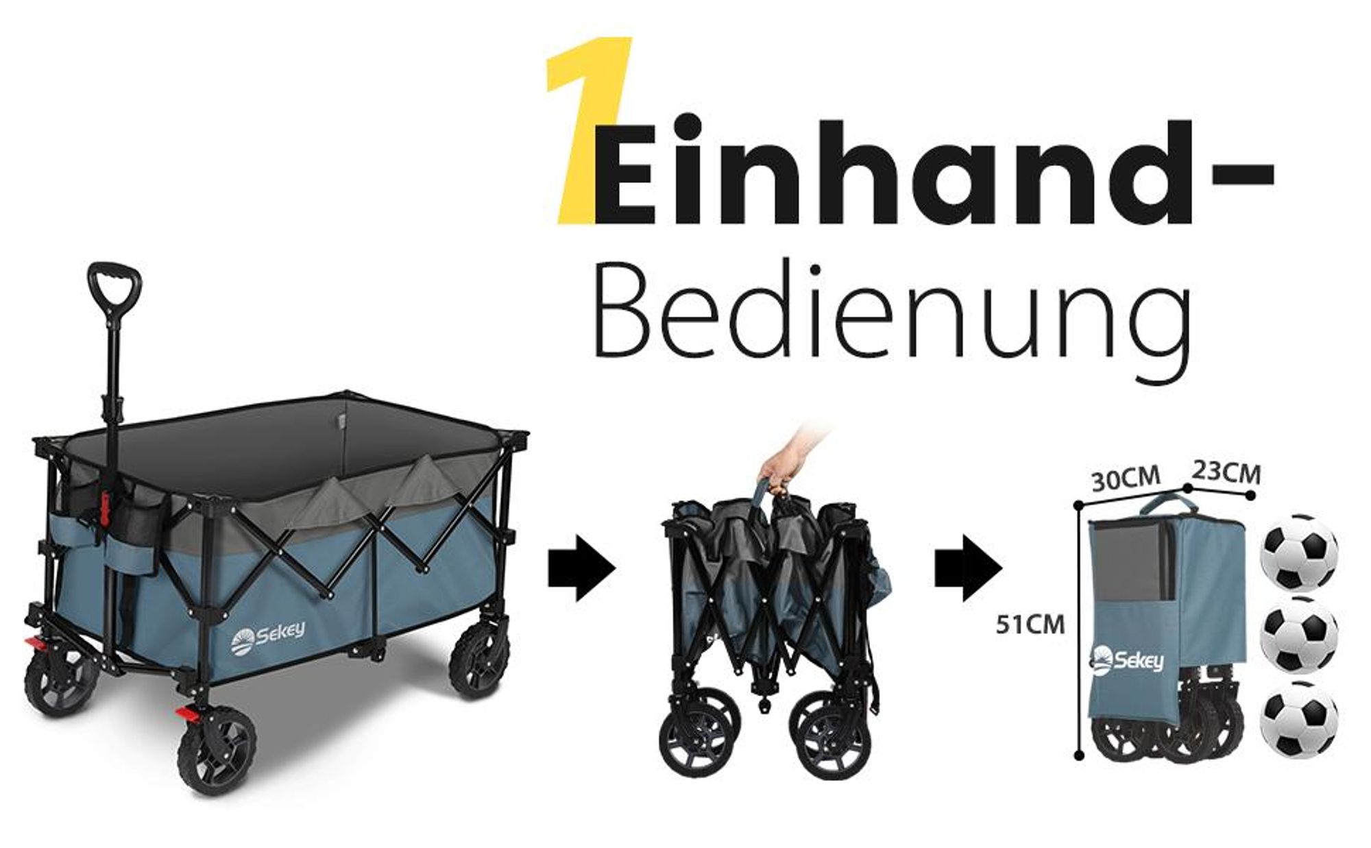 Sekey Bollerwagen faltbar 150 kg mit Bremsen, klappbarer Handwagen für Garten und Ausflug, Blau