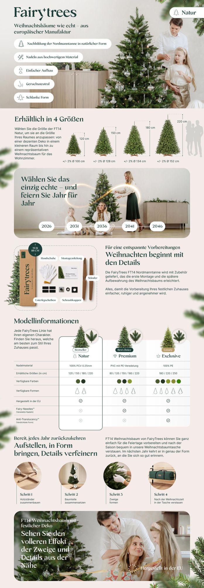 FairyTrees Weihnachtsbaum künstlich 180cm NORDMANNTANNE mit Christbaum Holzständer | Tannenbaum künstlich mit grünem Stamm | EU
