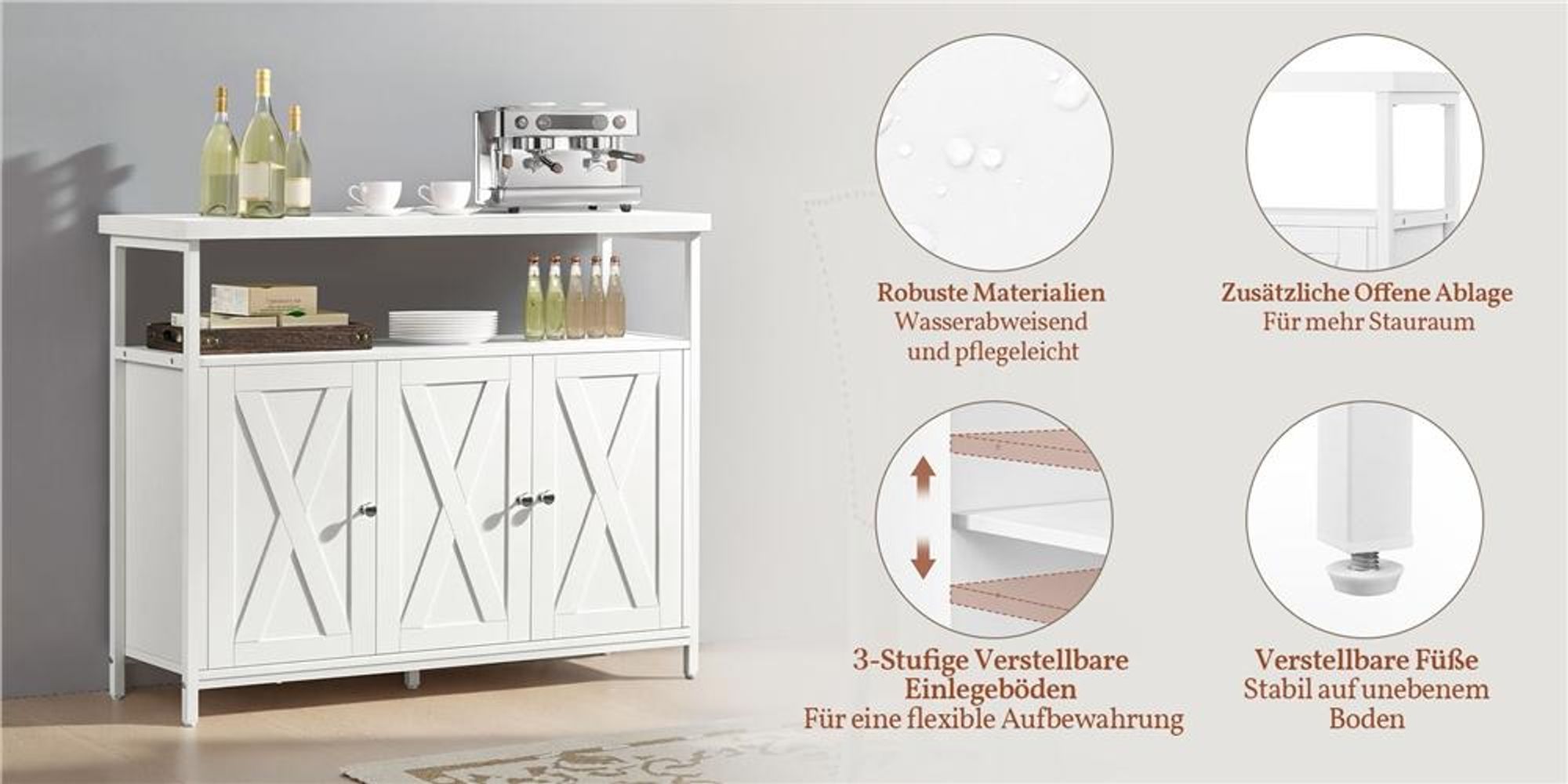 Yaheetech Küchenschrank Sideboard mit 3 Türen & offenen Regalen, 100×35×81cm, verstellbare Ablage, Buffetschrank Aufbewahrungsschrank, Weiß