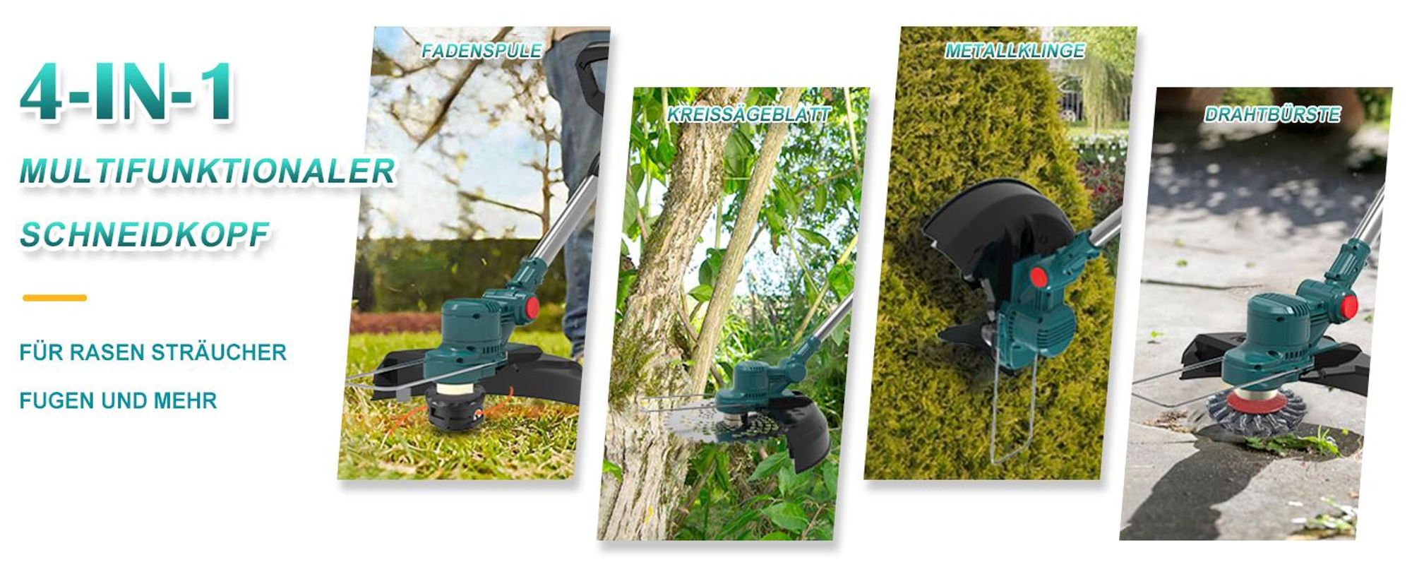 750W Akku Rasentrimmer mit 2x 4000mAh Akkus, Höhenverstellbar, Leichtgewicht, Freischneider mit Unkrautbürste, Sägeblatt, Kunststoff & Metallklingen
