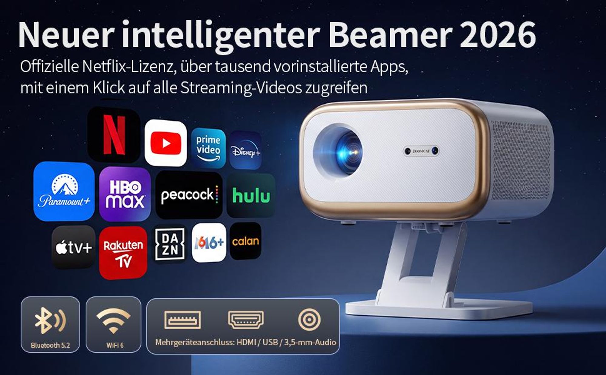 Beamer 4K Heimkino Mit Netflix lizenzierter (Autofokus)Mit Ständer Beamer, Full HD 1080P, Auto Trapezkorrektur, Auto Hindernisvermeidung