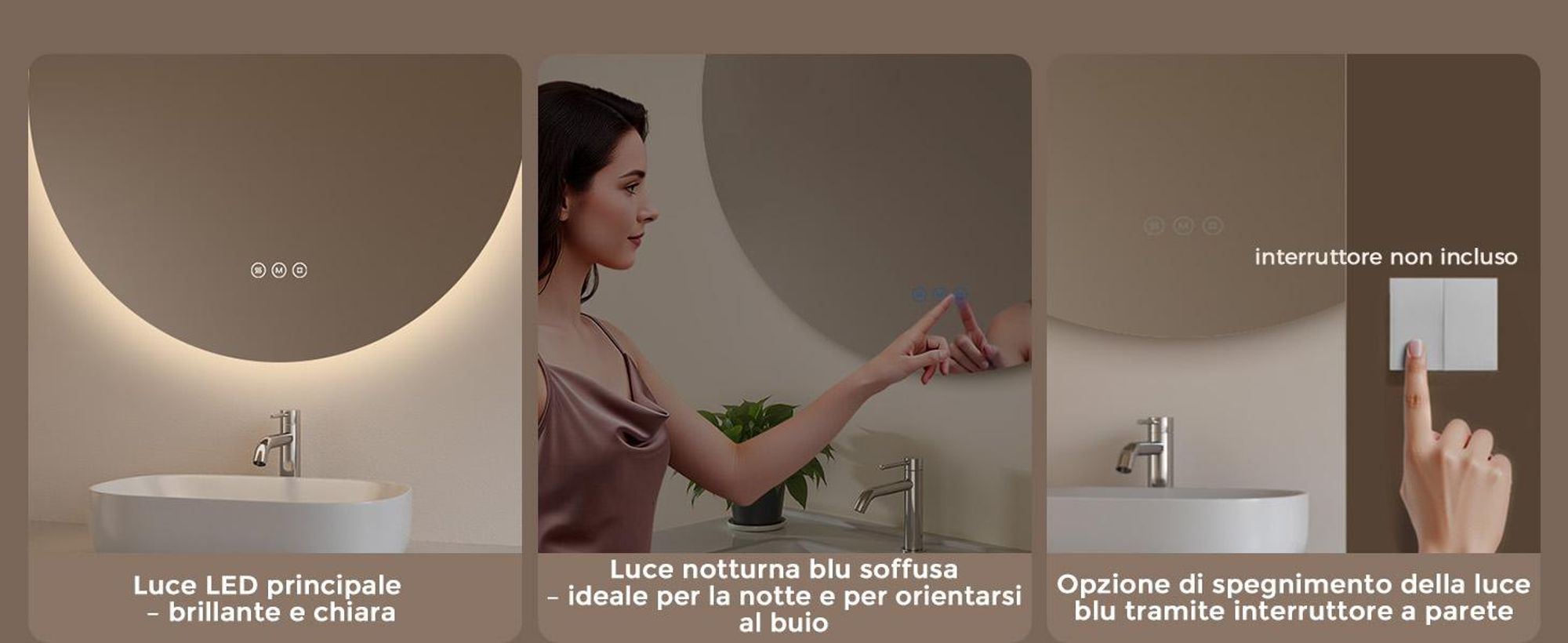 Espejo de baño con iluminación, diámetro aproximado de 60 cm, modelo S'AFIELINA LED, con función de atenuación, 3 tonos de luz, antiniebla, control táctil, función de memoria, clasificación IP65, resistente al agua, ideal para baño