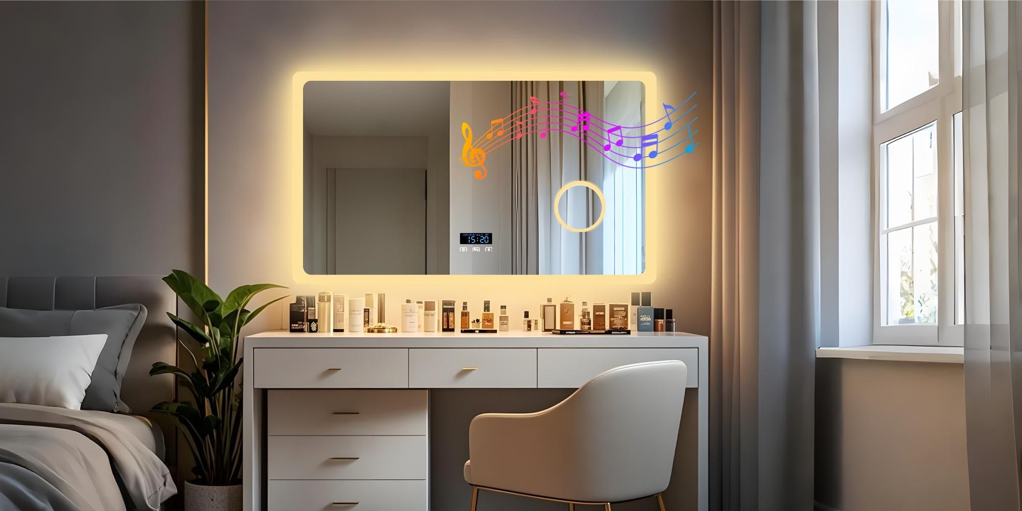 WISFOR Badezimmerspiegel mit Bluetooth und LED-Beleuchtung, 120 x 70 cm,Wandspiegel mit Uhr 3-Fach Schminkspiegel Energiesparend Speicherfunktion