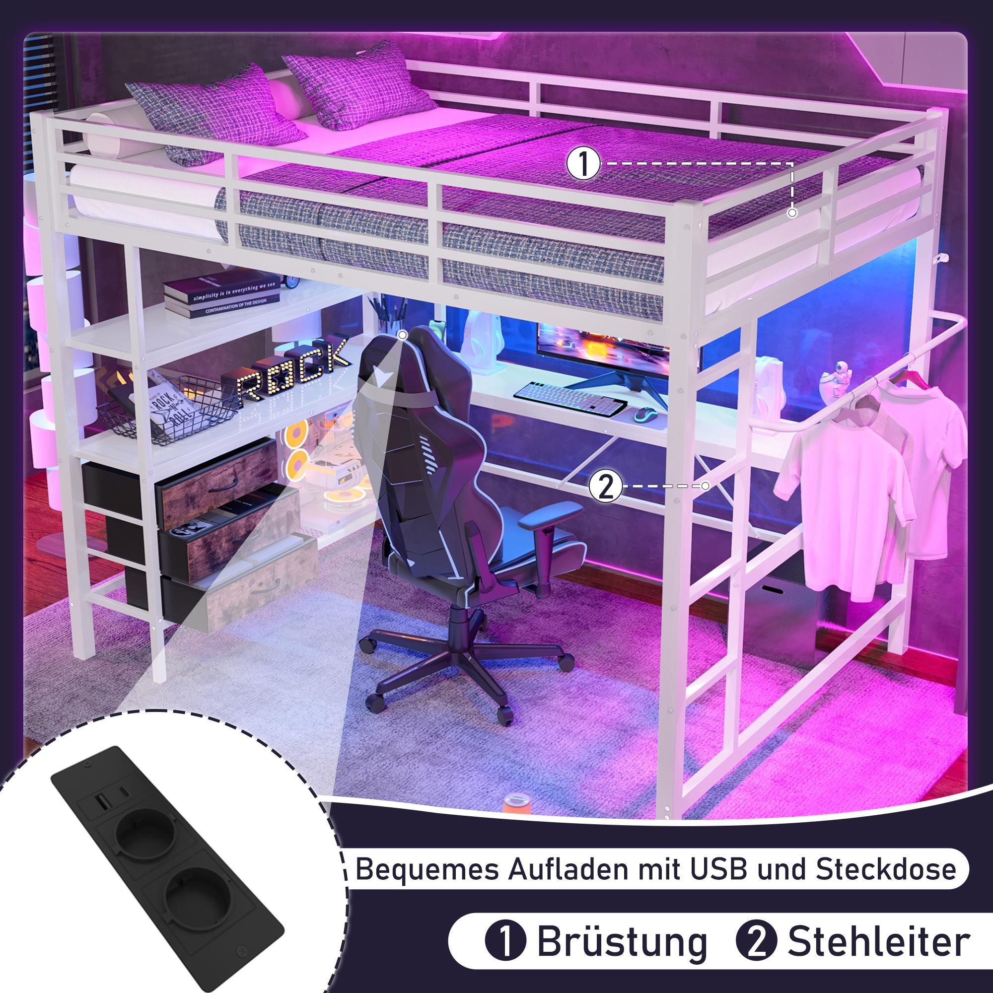 Merax Etagenbett Hochbett 140x200 cm, mit LED, Schreibtisch mit Steckdose und USB, 3 Schubladen, Regale, Aufhänger, Stockbett Kinderbett, Weiß