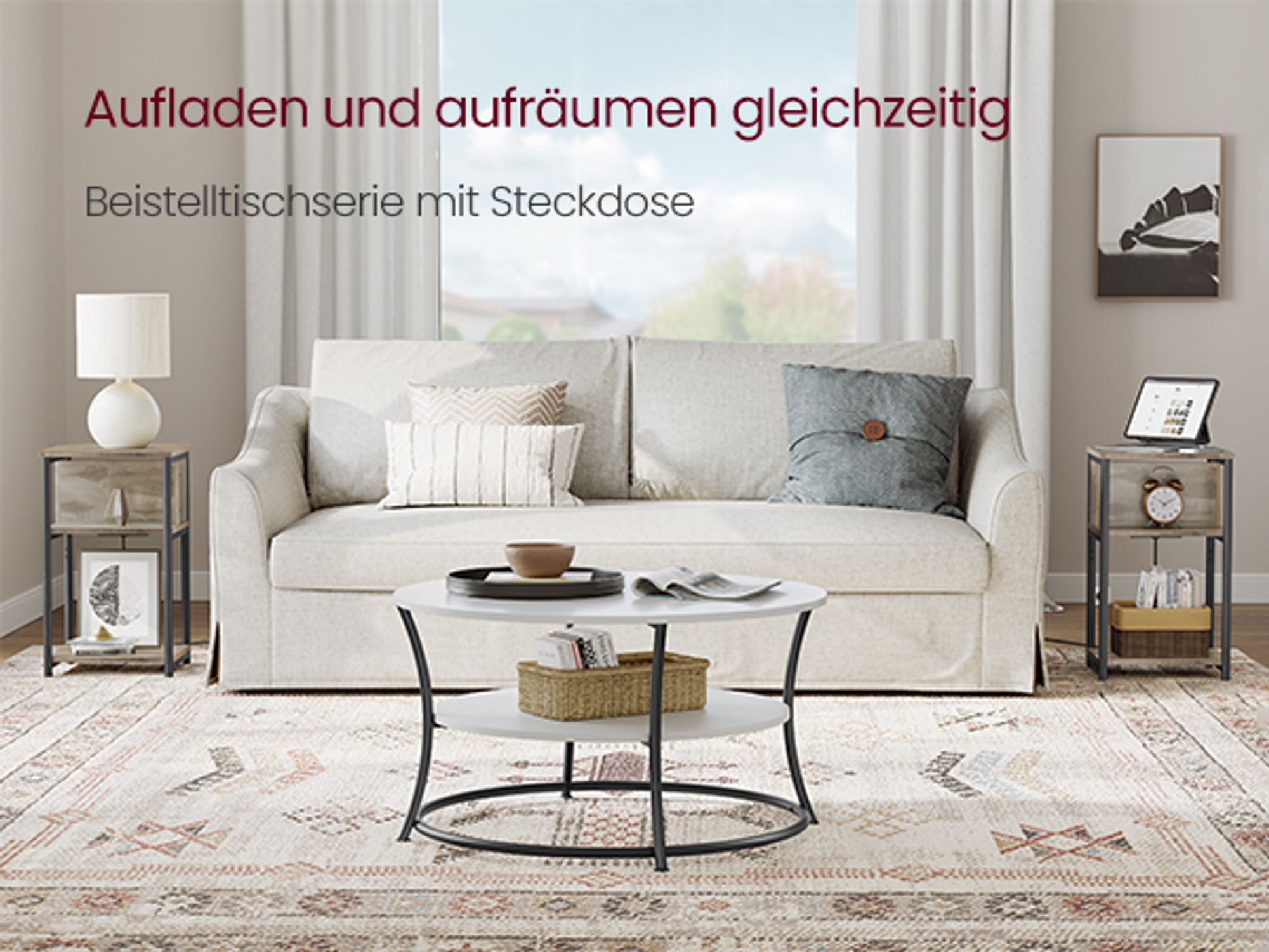 VASAGLE Beistelltisch (1-St), mit Steckdose, 2 AC-Anschlüsse, 2 USB-Anschlüssen