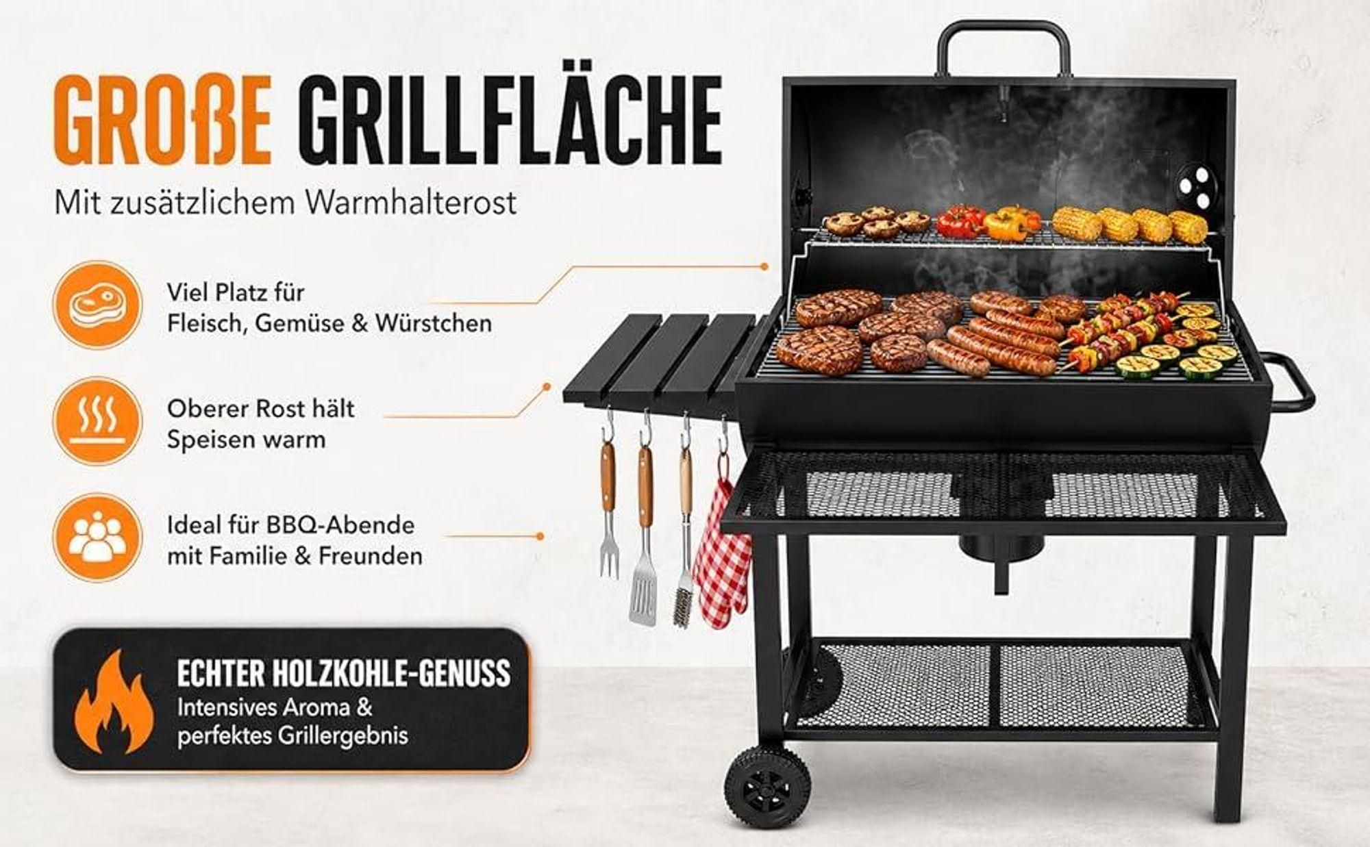 THE BLACK BEAST Holzkohlegrill Grillwagen - Kohlegrill BBQ Smoker mit Deckel, Thermometer und Schorn