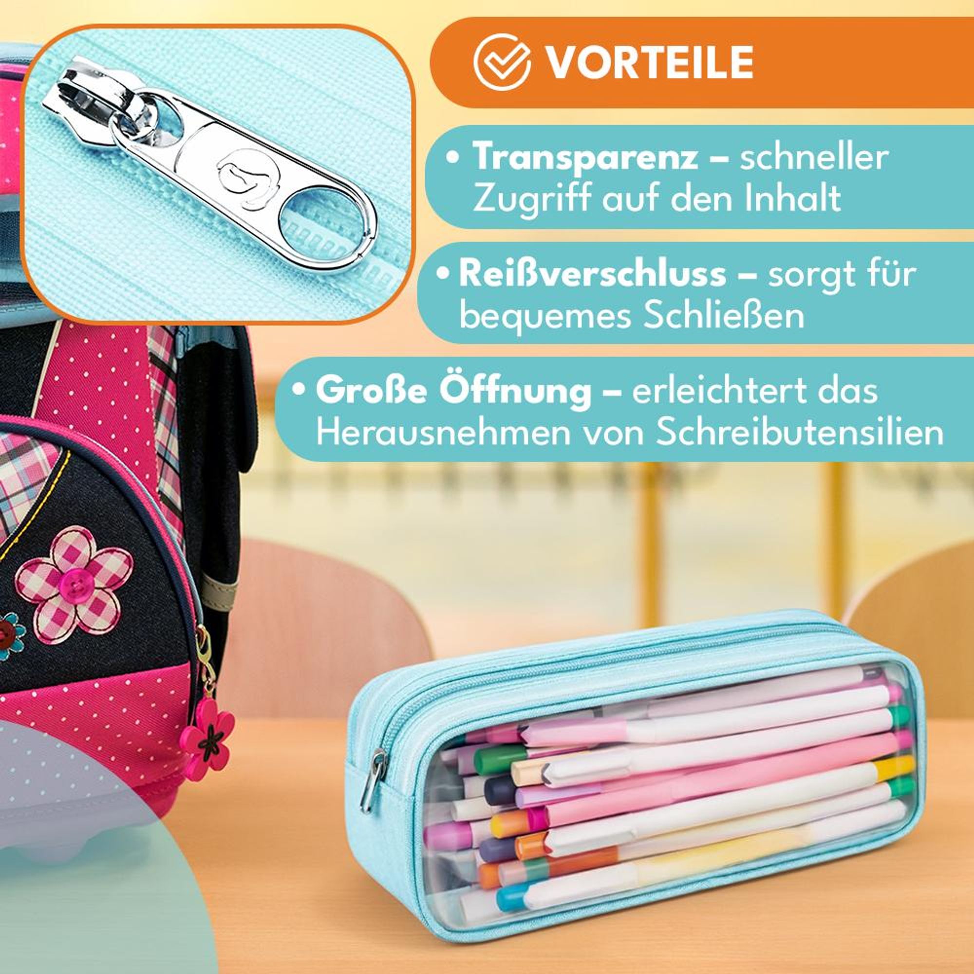 KRUMAD Transparentes Federmäppchen, Großes Etui für Stifte, Schulsachen, Kosmetiktasche, Leicht, Wasserabweisend, Hellblau, 23 x 10 x 6,5 cm