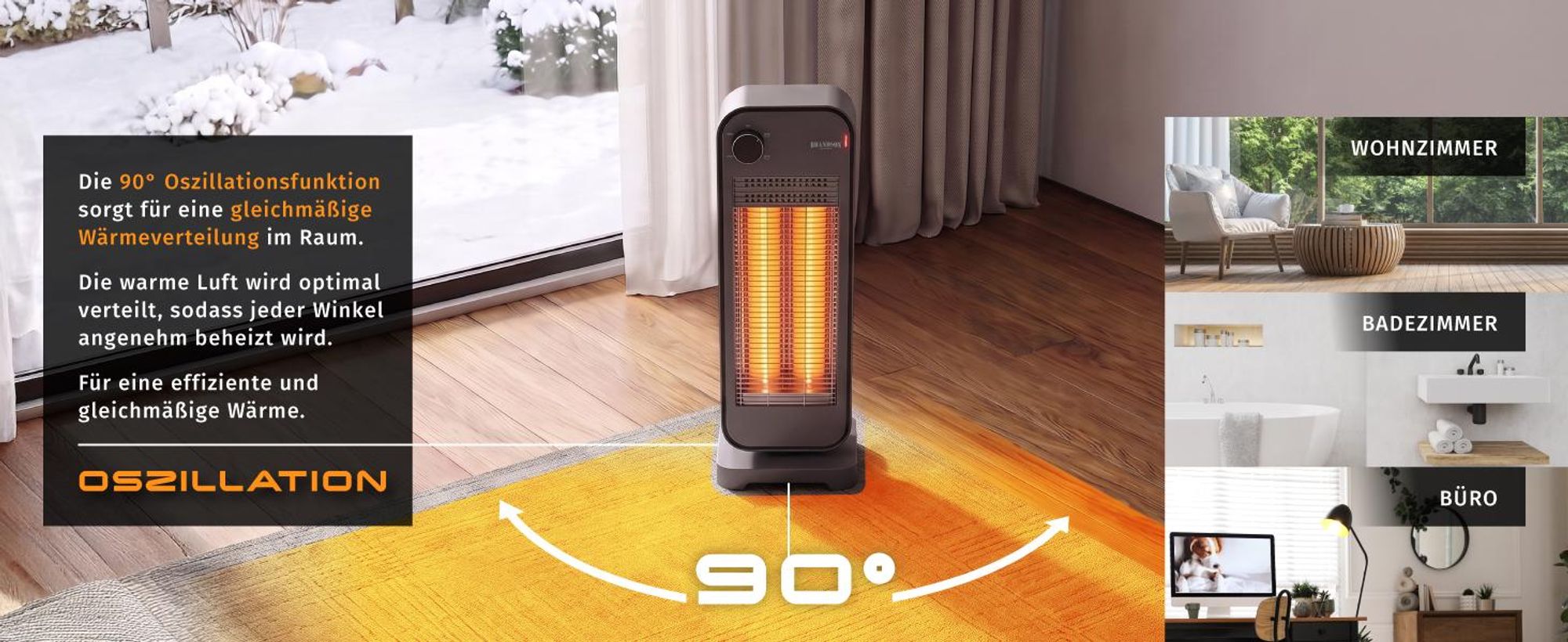 Brandson Carbon-Heizstrahler 900 W, 90 Grad Oszillation