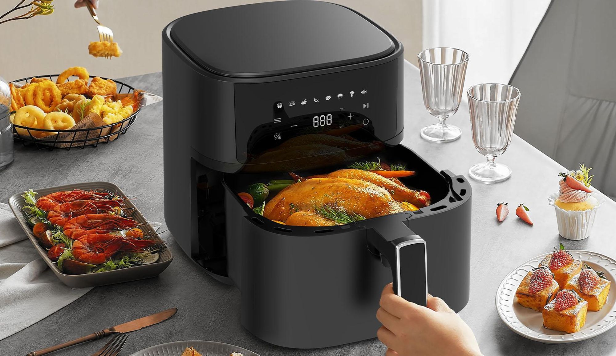 Heißluftfritteuse, 6,5 L Airfryer, Fritteuse Ohne Fett mit Metallinnenraum, 1700W Heissluftfriteuse mit 8 Kochprogramme Digitalem Display