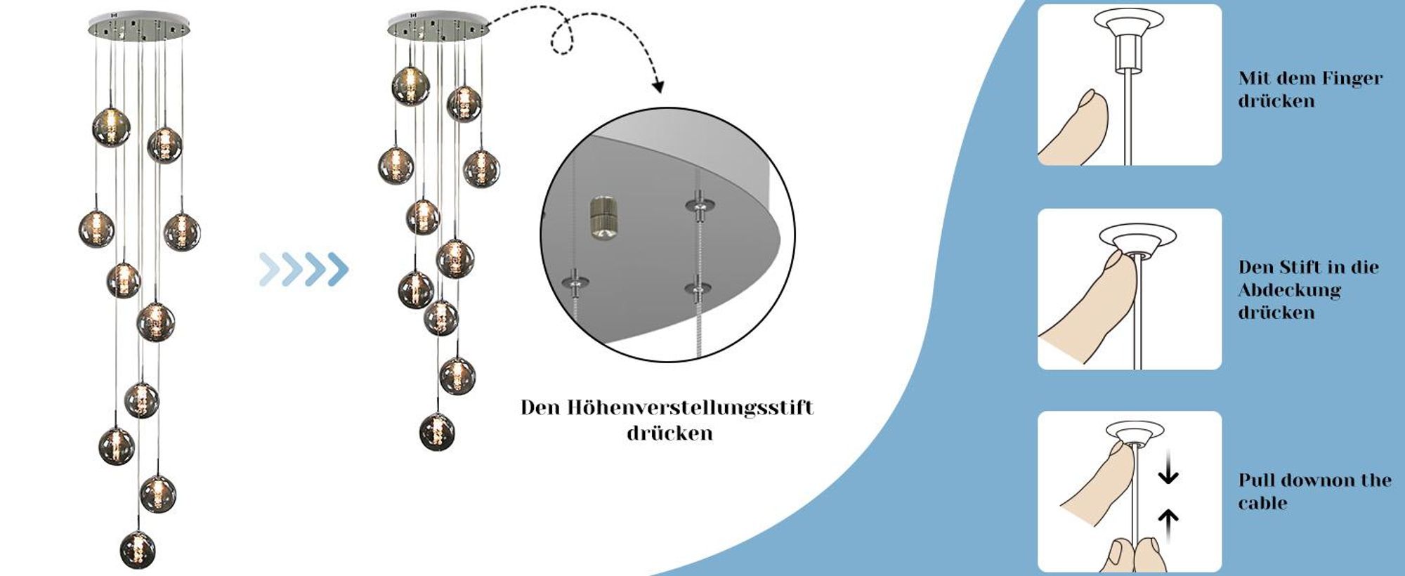 ZMH Pendelleuchte Esstisch Hängeleuchte Treppenhaus Höhenverstellbar Pendellampe 10 Flammig Glas Grau Esstischlampe für Wohnzimmer Esstisch Villa Flur