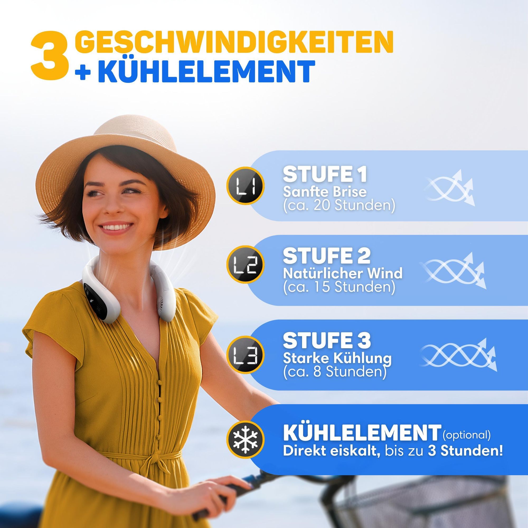 Vulpes Goods Nackenventilator Elite mit Kühlelement – Wiederaufladbar & Geräuschlos – Tragbarer Gesichtsventilator – 3 Stufen mit Extra Kühlung
