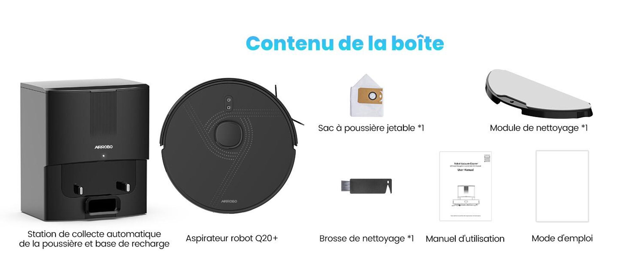 Robot aspirateur AIRROBO Q20+ avec fonction de nettoyage, navigation et cartographie Lidar intelligentes, puissance d'aspiration de 8000 Pa, autonomie