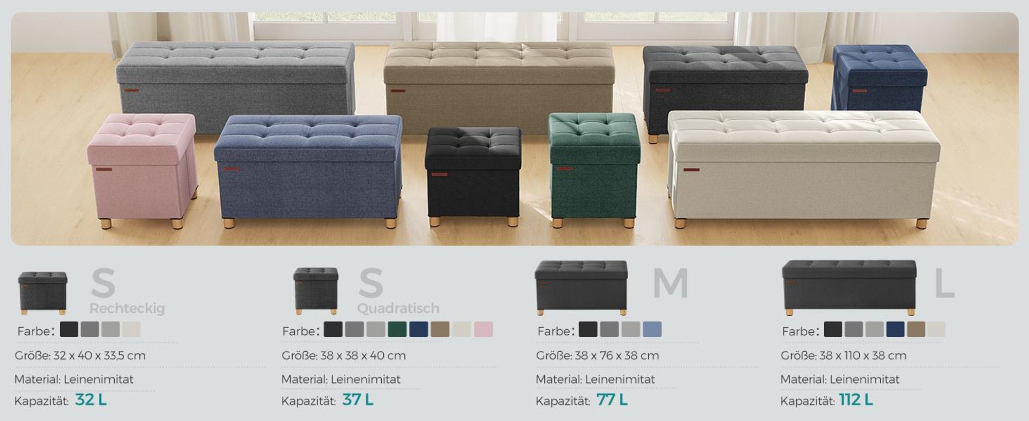 SONGMICS Sitzhocker, 77L, klappbare Sitztruhe, Aufbewahrungsbox, dunkelgrau