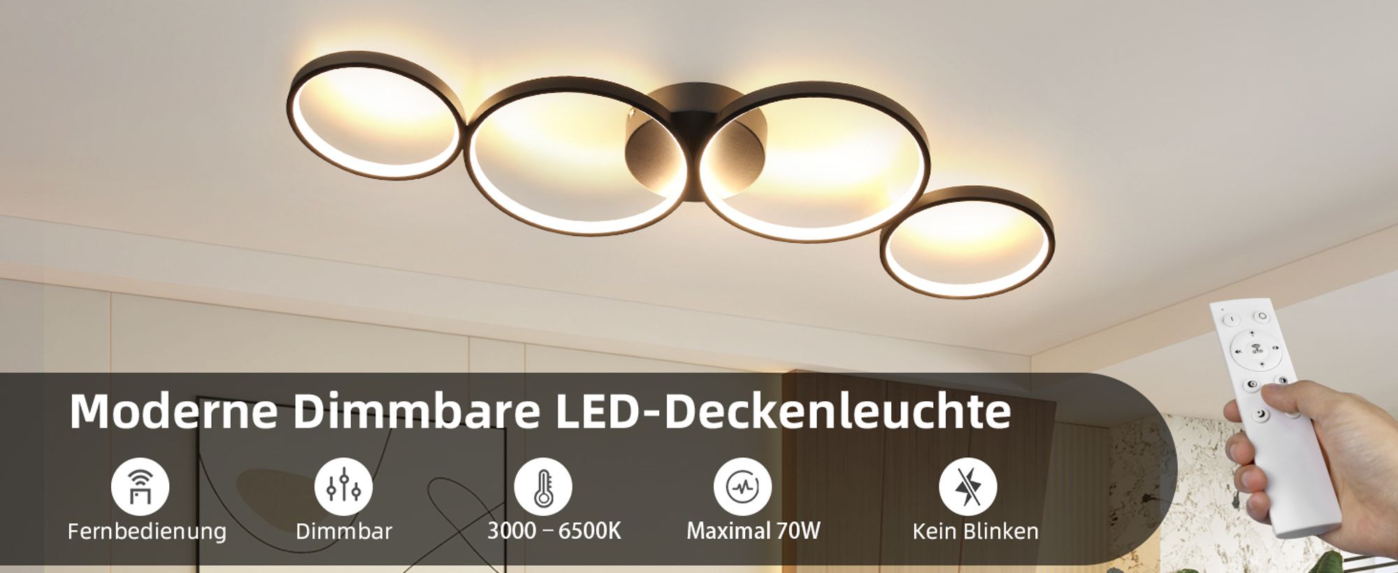 ZMH Deckenlampe LED Deckenleuchte Wohnzimmer Dimmbar Wohnzimmerlampe 100cm 4 Ringen Modern Schlafzimmerlampe 56W Schwarz Deckenbeleuchtung mit Fernbedienung Design für Schlafzimmer Büro Küche