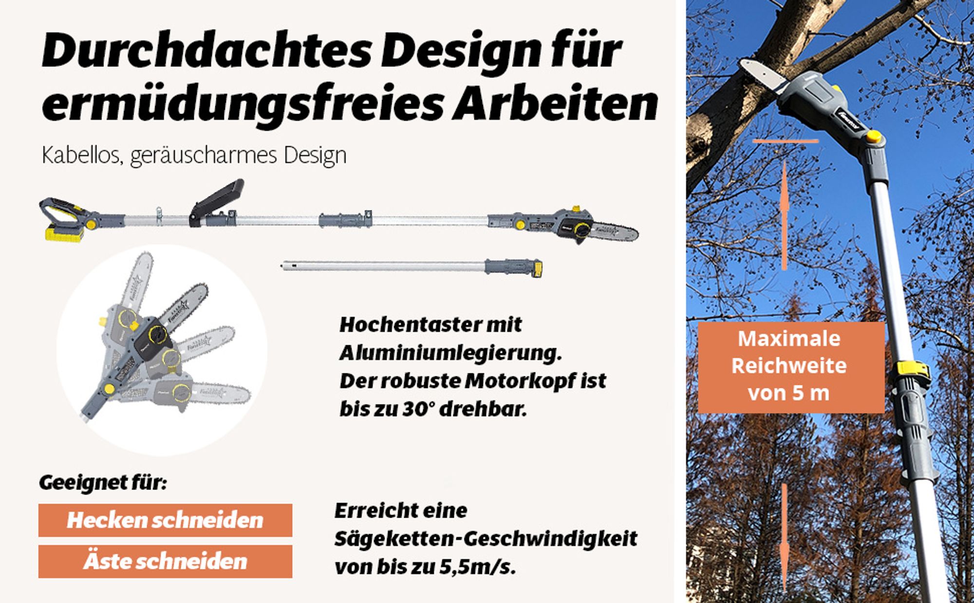 FANZTOOL 20V Akku-Hochentaster, bis 5 m Höhe, 17 cm Schnitt, 20 cm Schwert, leicht, inkl. 2,5Ah Akku