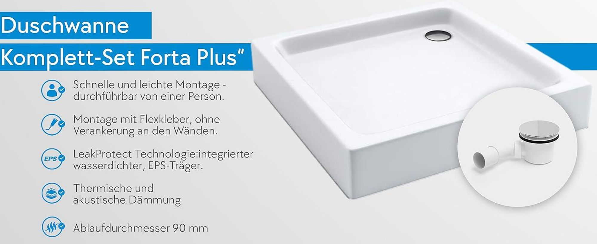 AQUABAD Duschwanne/Duschtasse | Komplettset Forta Plus mit LeakProtect Technologie Smooth White 70x70cm Quadrat | inkl. Ablaufgarnitur/Siphon Alcadran A49CR