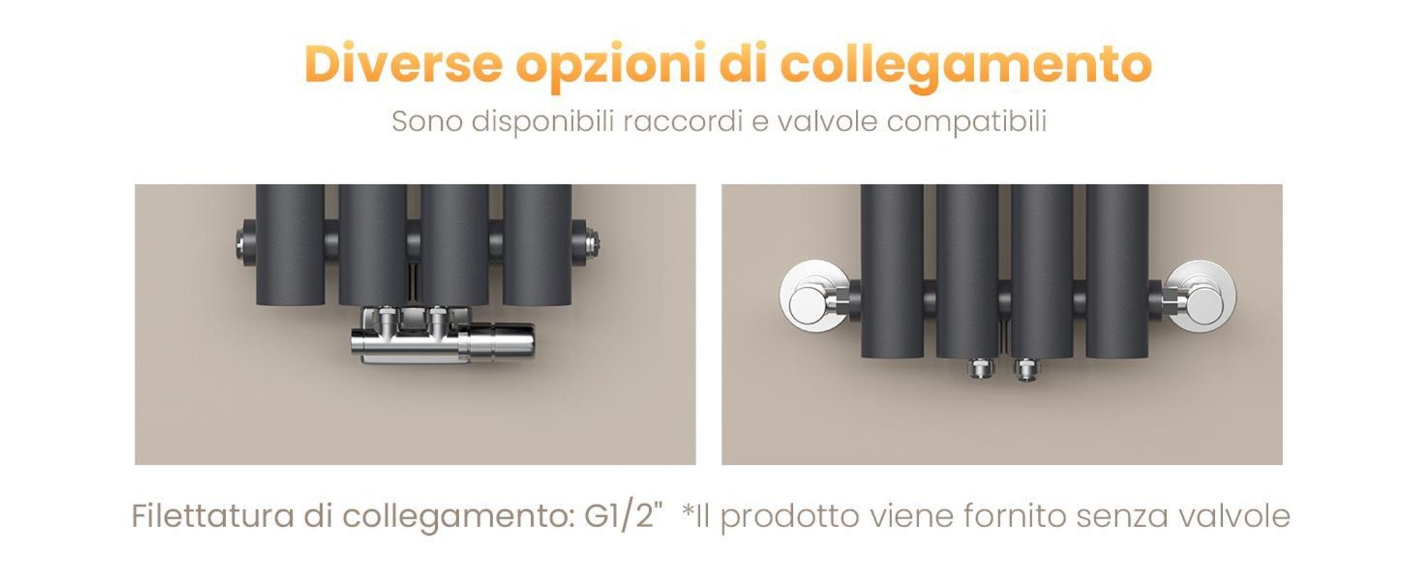 Radiatore tubolare di design EMKE per il funzionamento ad acqua calda con attacco centrale verticale ovale monostrato 266 watt 24cm x 90cm antracite senza elemento riscaldante
