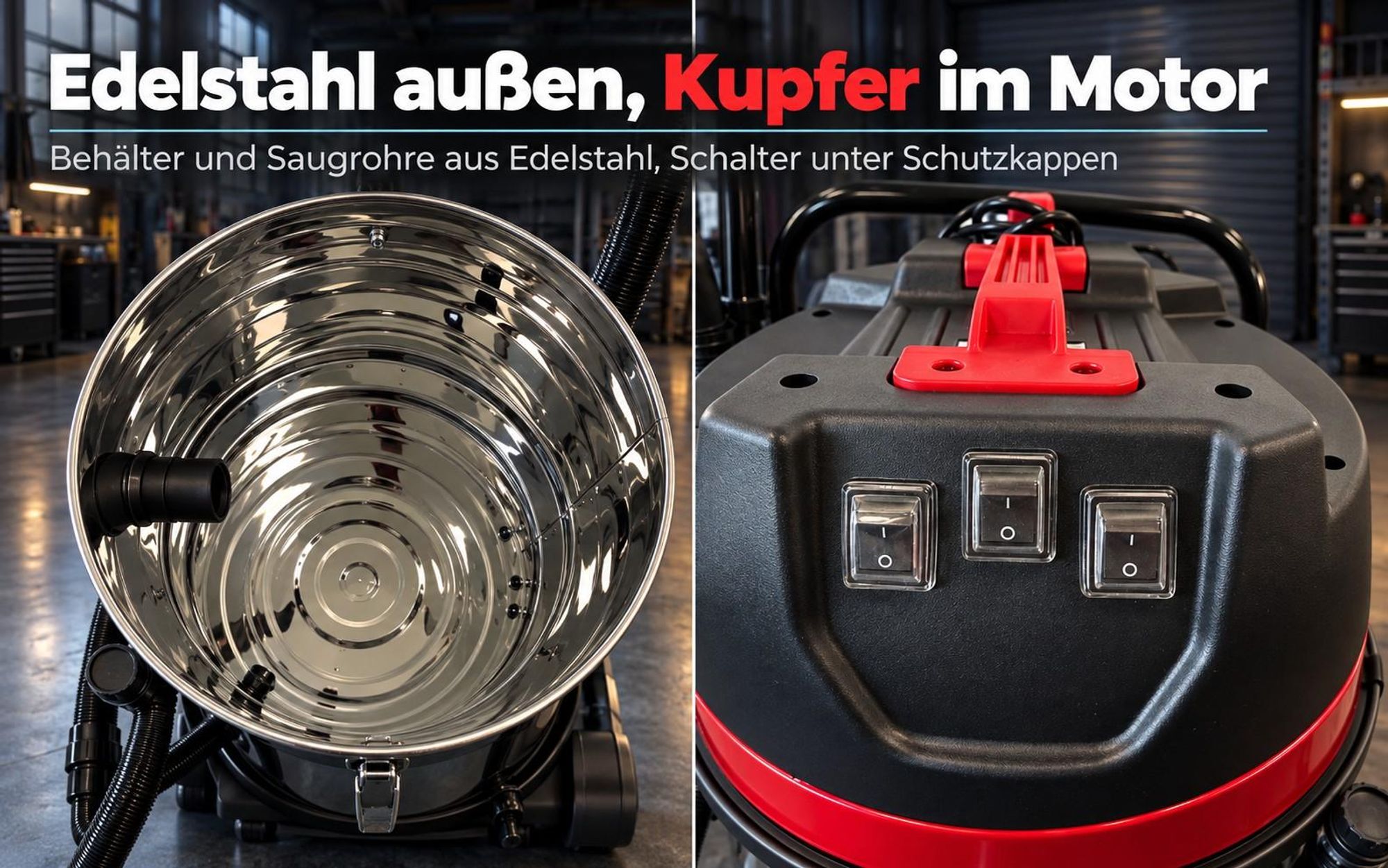 Edelstahlbehälter und geschützte Schalter des Industriesaugers WD3680