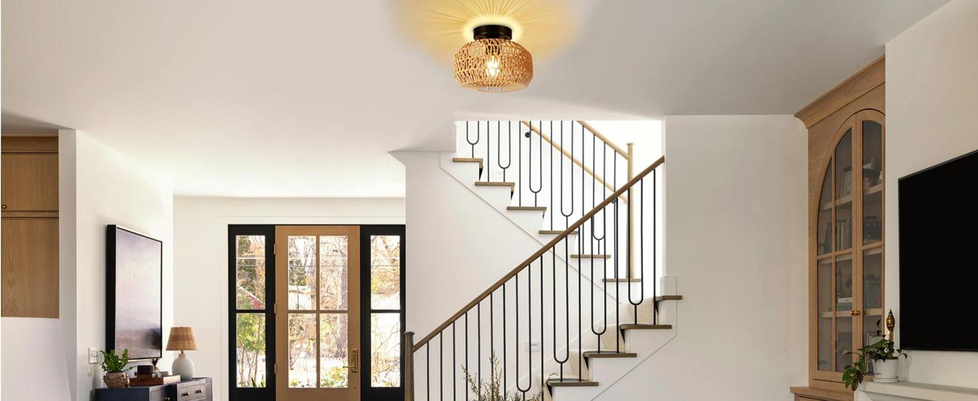 Deckenlampe Boho Vintage Deckenleuchte E27 Pendelleuchte mit Rattan Lampenschirm Hängelampe für Wohnzimmer, Schlafzimmer, Küche, Flur
