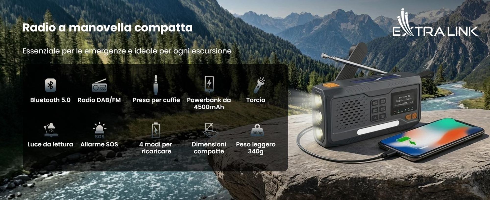 Extralink radio d'emergenza Bluetooth solare a manovella torcia 4000 mAh