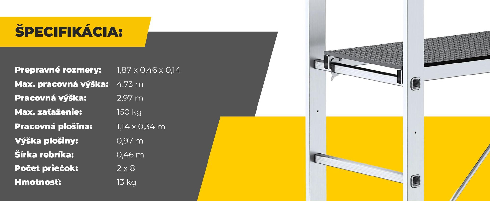 Drabest | Viacúčelový rebrík + lešenie BASIC - Rebríkové lešenie 2x8, nosnosť plošiny: 150 kg, rozmery plošiny 33x114 cm