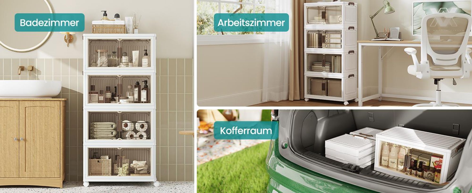 SONGMICS Organizer auf Rollen, 4 Ebenen, Boxen mit Deckel, aus Kunststoff, stapelbar, 220 L, weiß