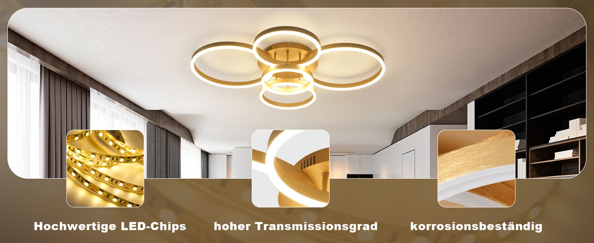 ZMH LED Deckenleuchte Wohnzimmer Deckenlampe Gold Dimmbar mit Fernbedienung 78W 5 Ringen Wohnzimmerlampe Schlafzimmerlampe Acryl Deckenbeleuchtung