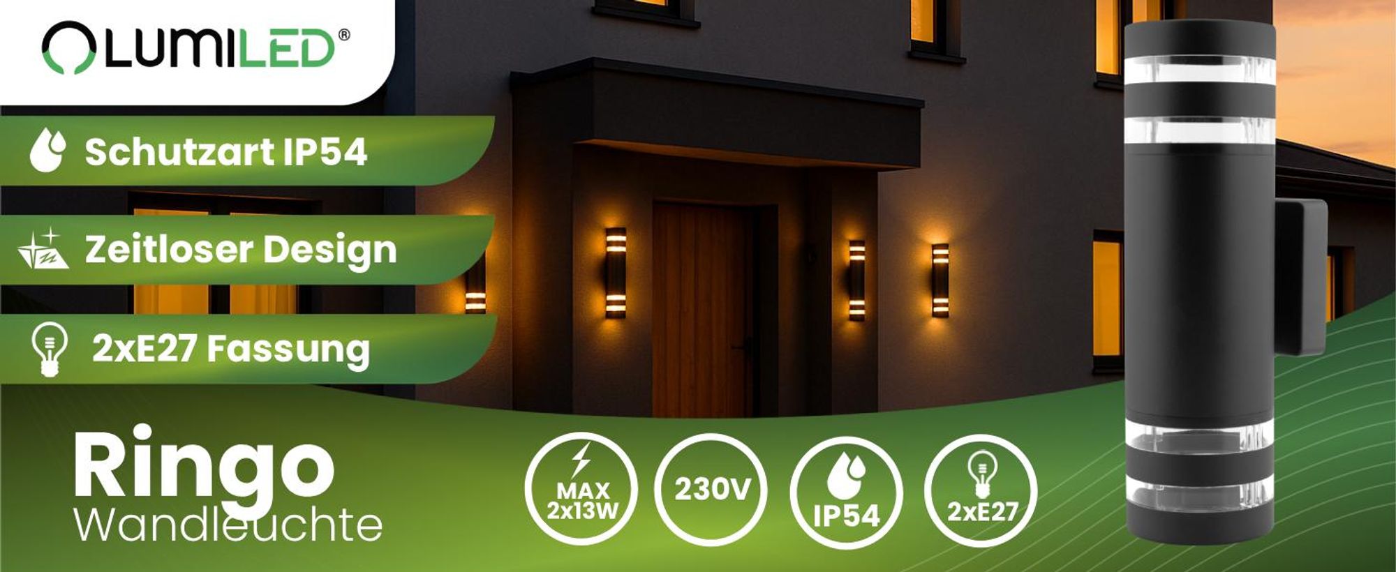 LUMILED Außenwandleuchte Wandlampe aussen Außenleuchte Wand 2x E27 Fassung Außenbeleuchtung Wandleuchter Gartenleuchte Terrasse Haus Fassade IP54