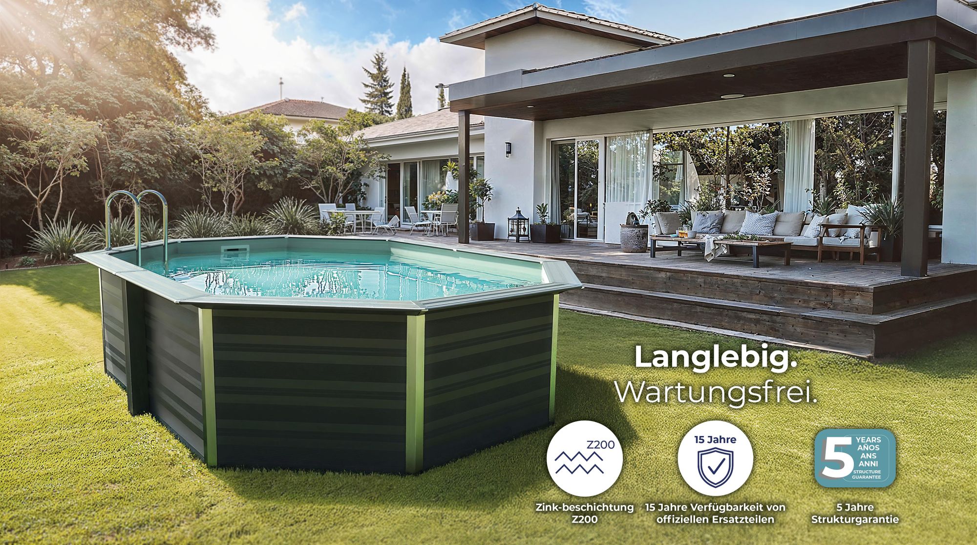 GRE Ovaler Composite-Pool KPCOV66L + LED – 664 x 386 x 124 cm, Komplettset