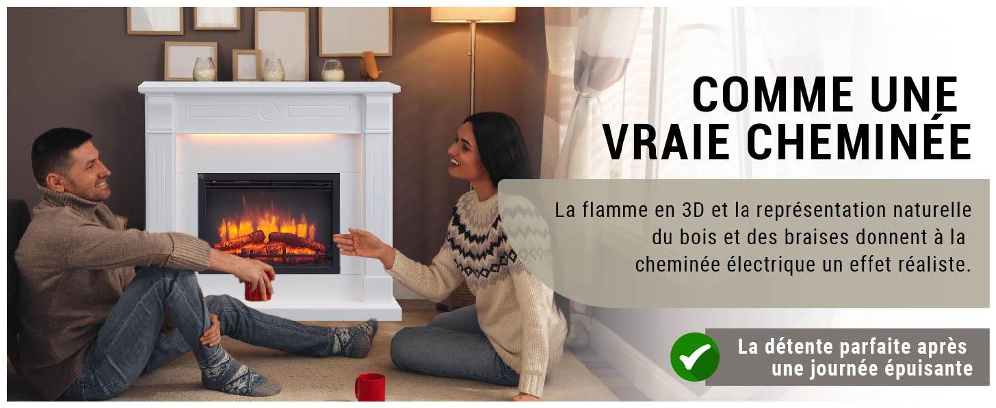 Cheminée électrique sur pied BALDERIA Hikaru – Puissance de chauffage jusqu'à 2 000 W, blanche