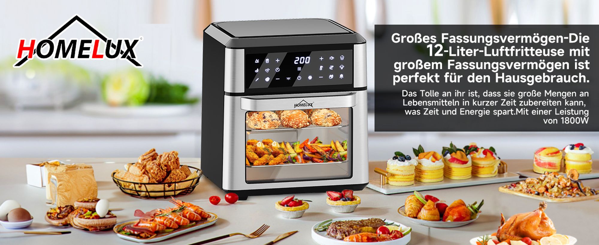 Heißluftfritteuse 12L Minibackofen Airfryer 12 Programmen ,Heissluft Fritteuse mit Sichtfenster ,Pizza-OfenTouch-Bedienung, 60 Min Timer