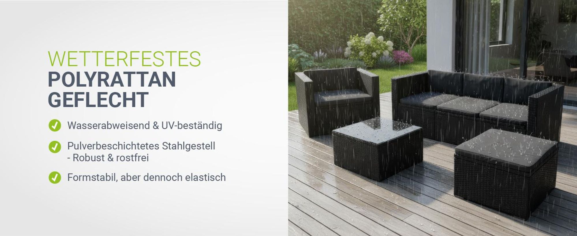 Juskys Polyrattan Lounge Punta Cana L schwarz – Gartenlounge Set 4-5 Personen – Sitzgruppe mit Sessel, Sofa, Tisch & Hocker - Sitzbezüge Dunkelgrau