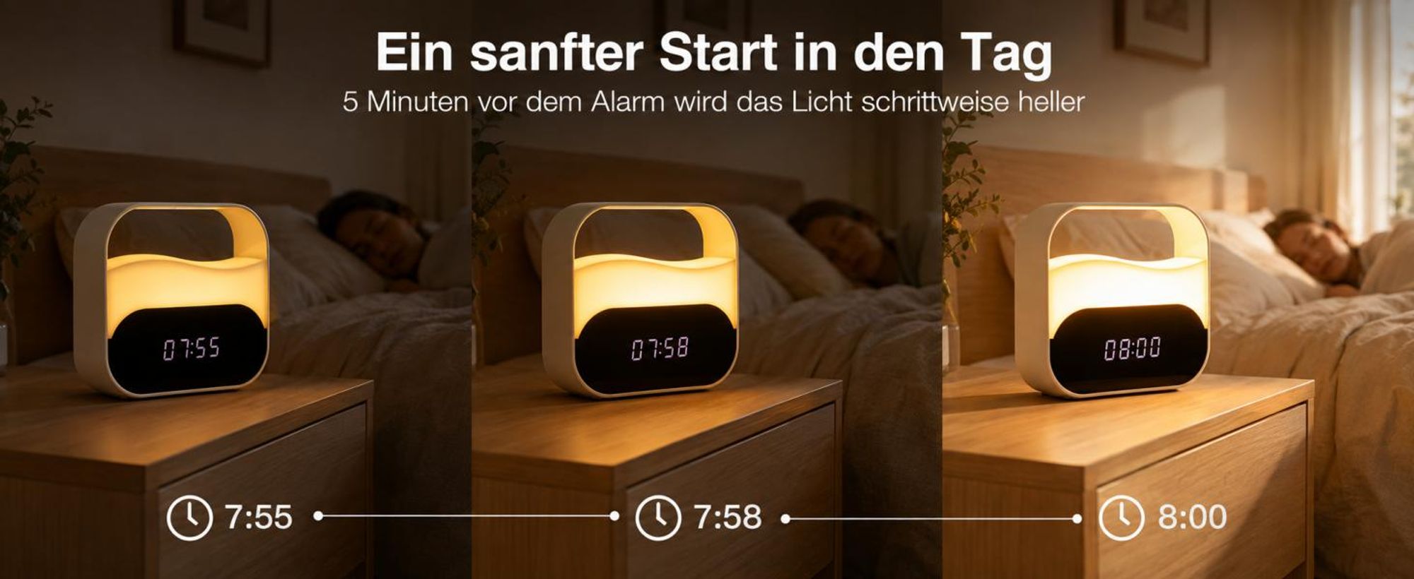 LED-Lichtwecker, Digitaler Wecker mit 2000 mAh Akku, 3 Farbtemperaturen, USB-Aufladung, stufenlos dimmbares Nachtlicht, 2 Alarmzeiten, Stimmungslicht