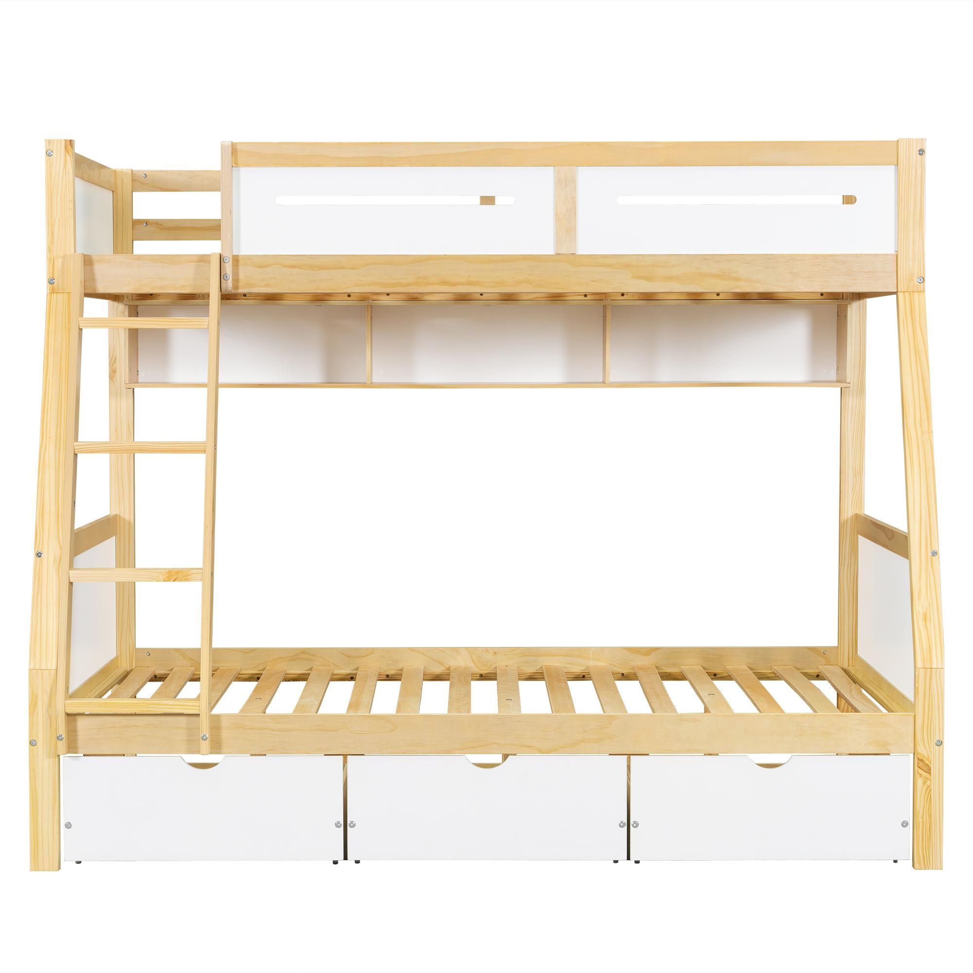 Flieks Etagenbett 90x200cm / 120x200cm, Hochbett Kinderbett mit Schubladen und Regal, Holzbett Stockbett mit Rausfallschutz, Naturbelassen