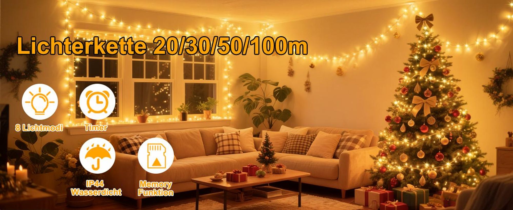 Lichterkette 30m 300 LED 8 Lichtmodi Wasserdicht Innen Weihnachten Hochzeit Party Garten Deko, Warmweiß
