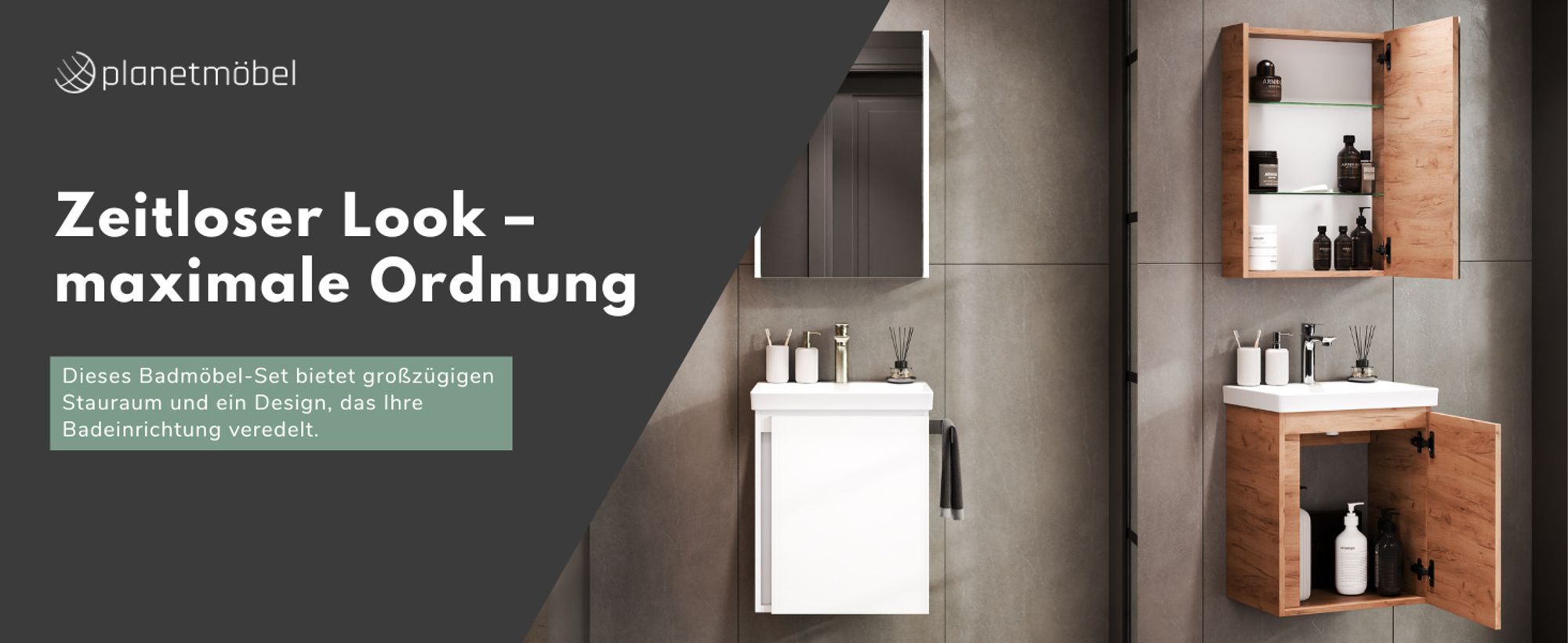 Planetmöbel Waschtisch mit Unterschrank 50 cm inkl. Spiegelschrank 50cm, Badmöbel Set, hängend, gold eiche