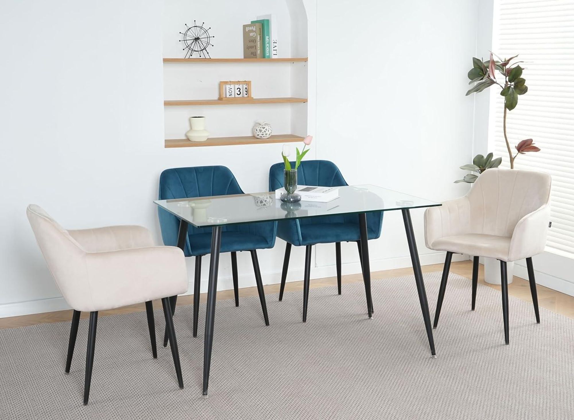Lina® Rio Samt Esszimmerstühle 2er Set Creme – Mit Armlehnen & schwarzen Metallbeinen – Ideal für Wohnzimmer, Büro & Esszimmer