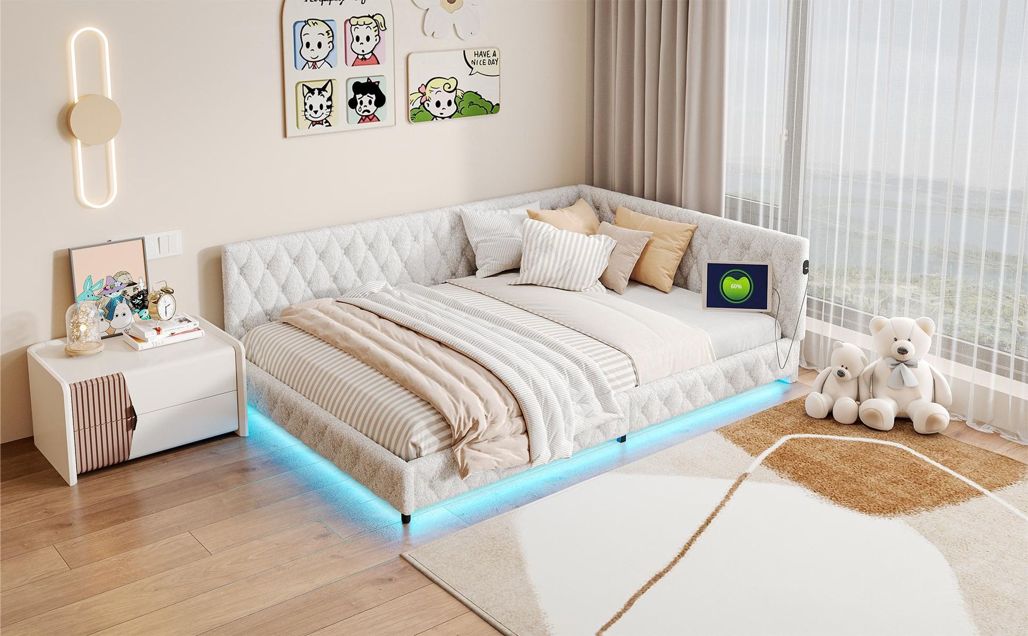 INONEFT  Polsterbett 140x200cm mit LED- und USB-Schnittstelle,Schlafsofa Tagesbett mit lattenrost ,doppelbett jugendbett,Teddyfleece,Beige.