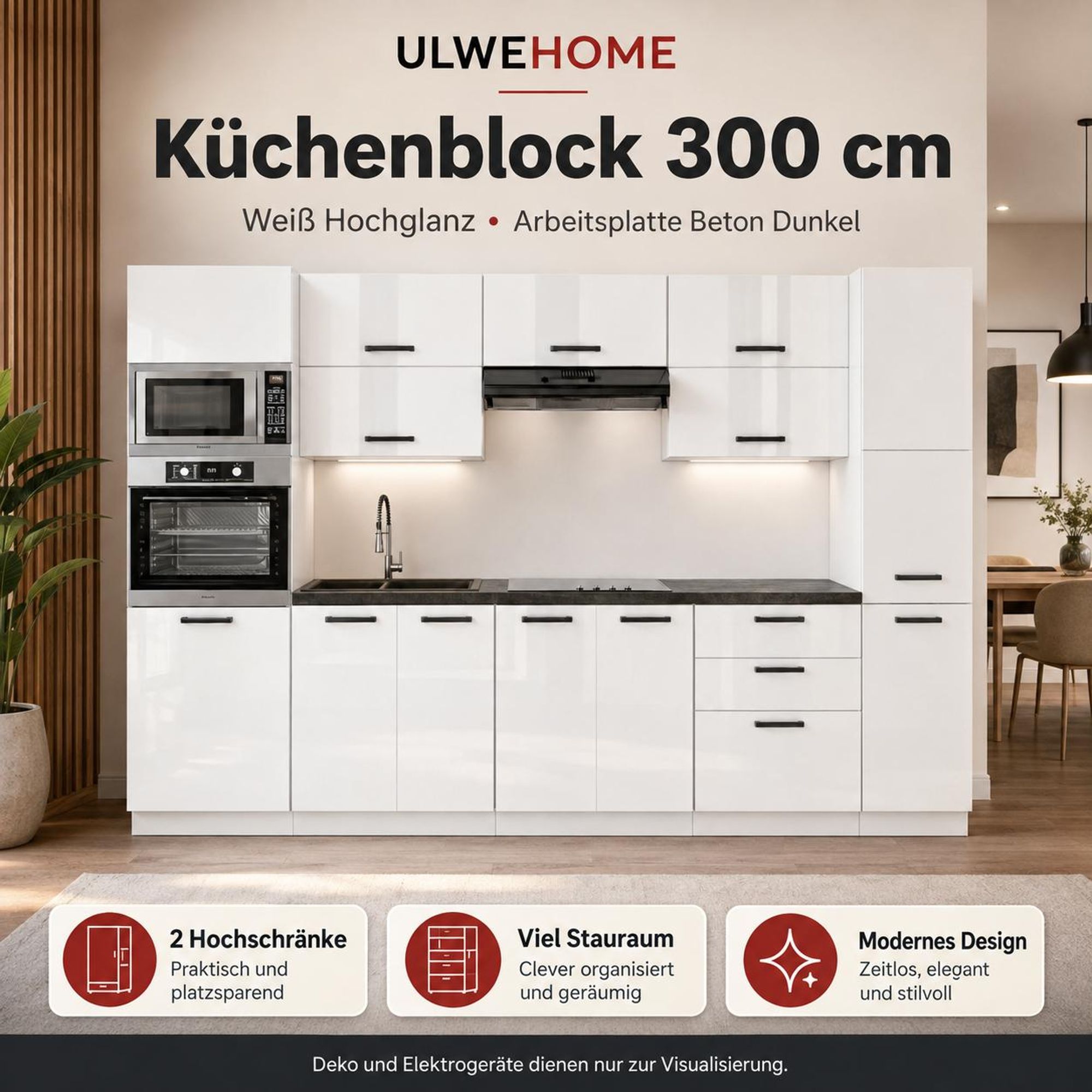 Küchenblock 300 cm Weiß Hochglanz mit 2 Hochschränken & Beton Arbeitsplatte