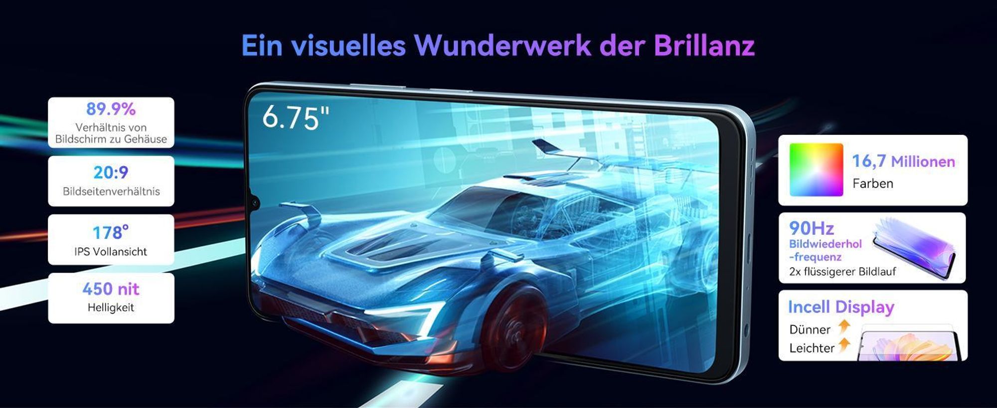 Blackview Color 8 (16GB + 256GB) Handy Ohne Vertrag, 6,75 Zoll Display, Face ID ，Octa-core Unisoc T616 ，50MP + 8MP Kamera, 6000mAh Akku