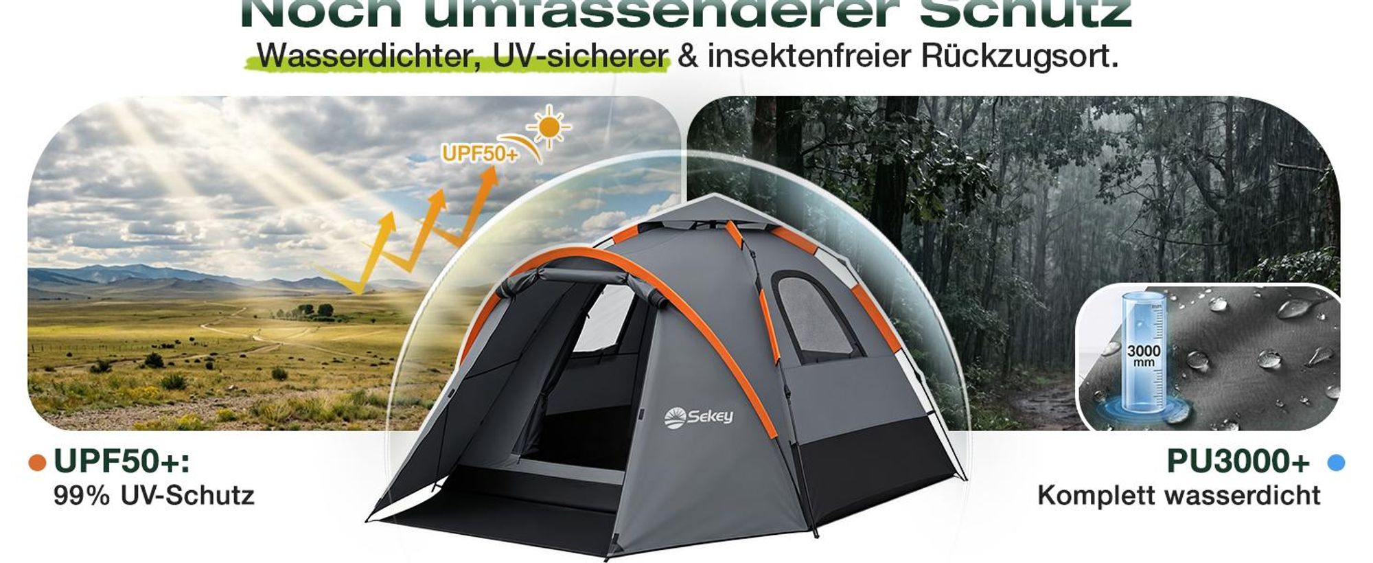 Sekey Kuppelzelt 4 Personen mit Vorzelt & Markise, Pop Up Campingzelt, Wasserdicht PU3000 mm, UPF 50+, Familienzelt