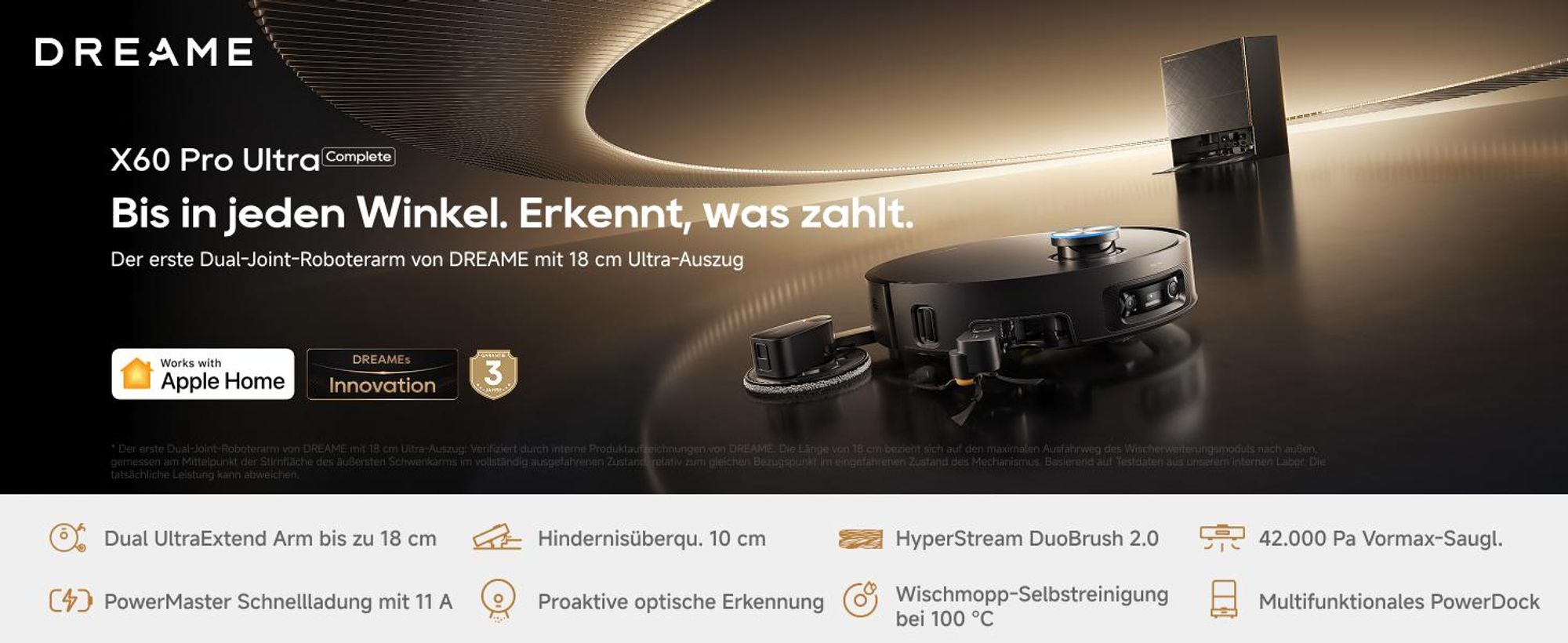 Dreame X60 Pro Ultra Complete Staubsauger Roboter mit Wischfunktion,42kPa Saugkraft,Doppelter UltraExtend-Arm,Zwei KI-Kameras,Selbstreinigung,Grau
