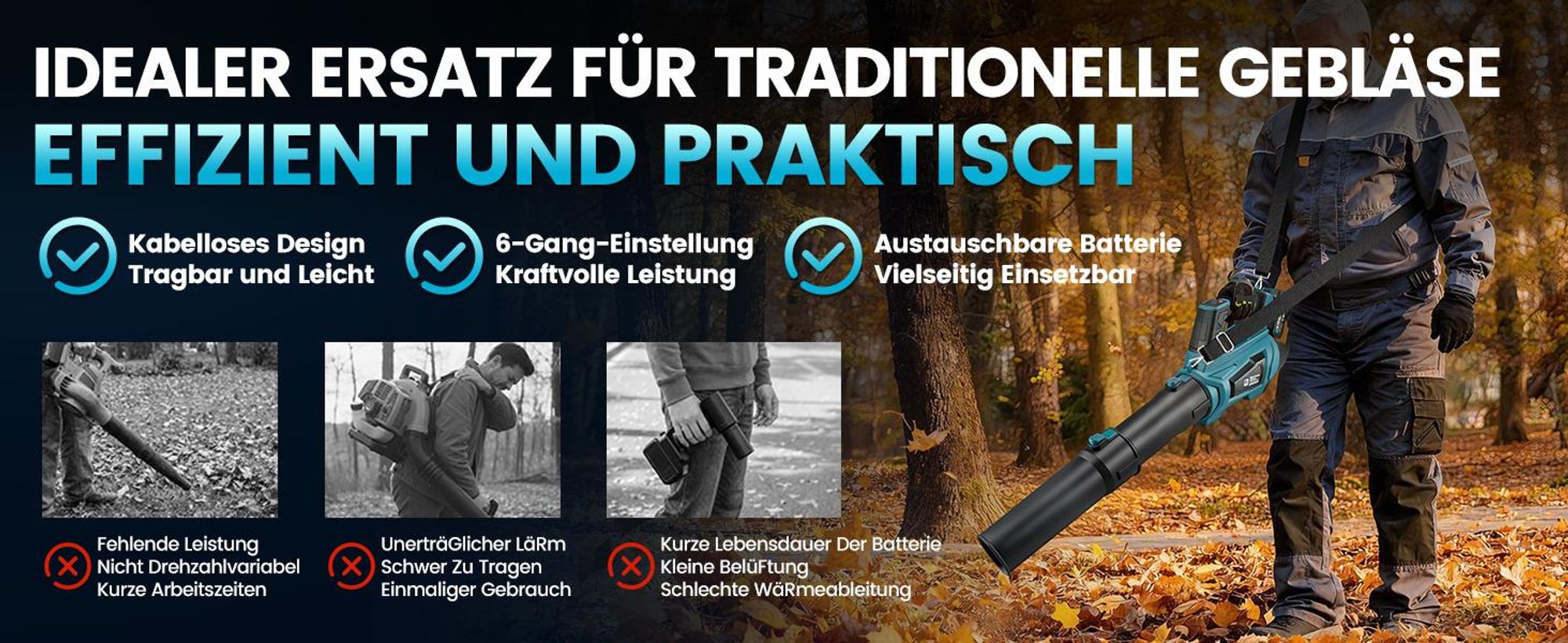Akku Laubbläser 90m/s Elektrischer Laubgebläse mit 2 x 4,0 Ah Akku und Ladegerät 6-Stufen Regelung & 2 wechselbaren Düsen