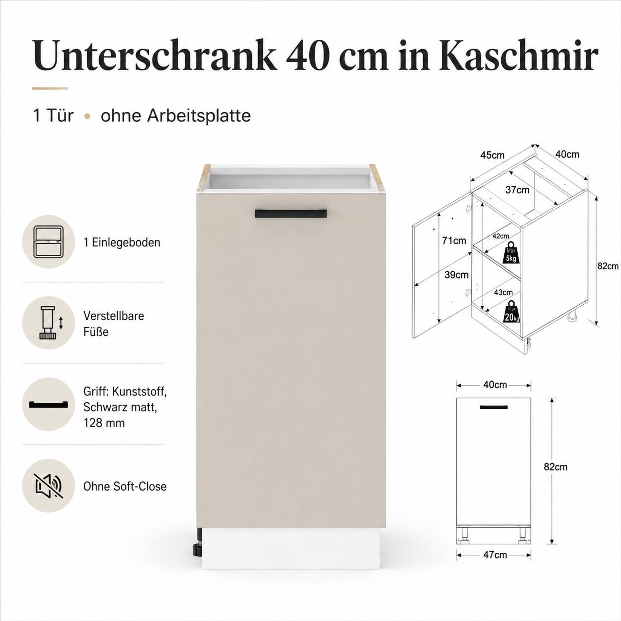 Küchenunterschrank 40 cm Kaschmir Beige: 1 Tür, weißer Korpus & verstellbare Füße.
