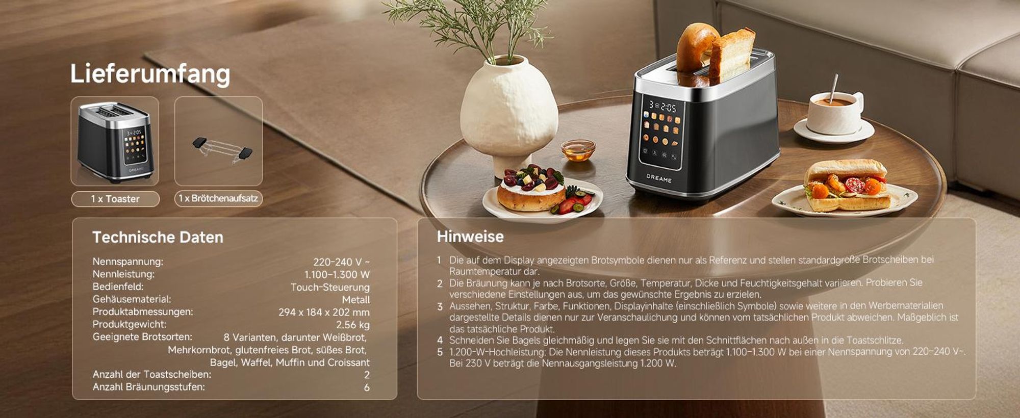 Dreame Smart Toaster 2 Scheiben,5,3-Zoll-IMD-Touchscreen,Motorisiertes Auto-Lift-Design,8 Brotprogramme&6 Bräunungsstufen,3 praktische Funktionen