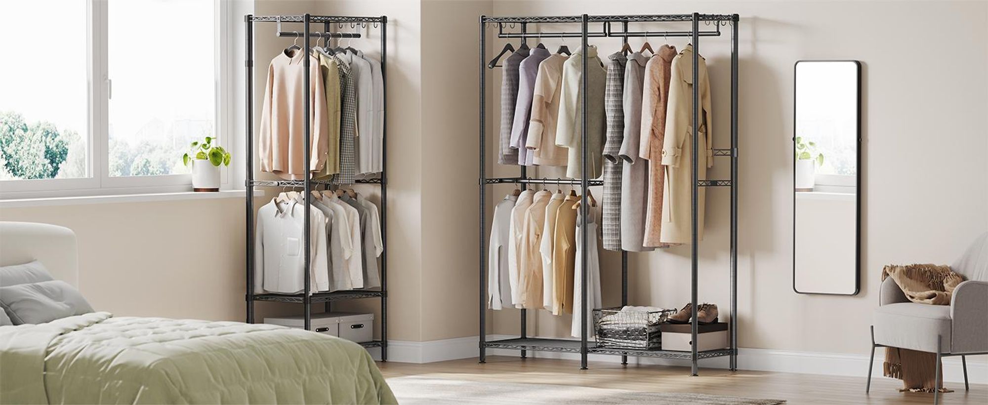 SONGMICS Kleiderständer, offener Kleiderschrank, Garderobe hochbelastbar, Garderobenständer mit verstellbaren Ablagen und Kleiderstangen
