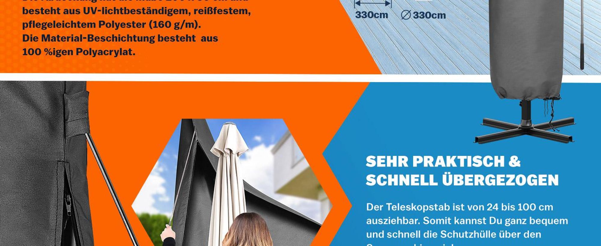 KINGSLEEVE® Sonnenschirm Abdeckung bis Ø 350 cm mit Stab Winterfest Wetterfest Robust Reißfest Groß Wasserabweisend Schutzhülle Plane Abdeckplane Grau