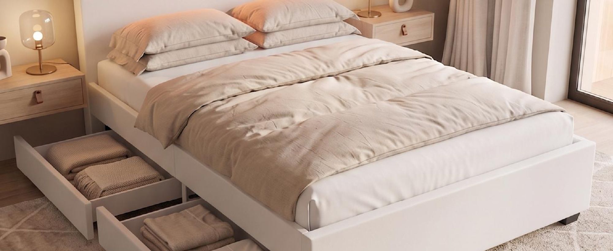 Juskys Polsterbett Lyon 140 x 200 cm weiß – Bettgestell mit Lattenrost, Bettkasten & LED Beleuchtung – Kunstleder & Holz – Bett Jugendbett