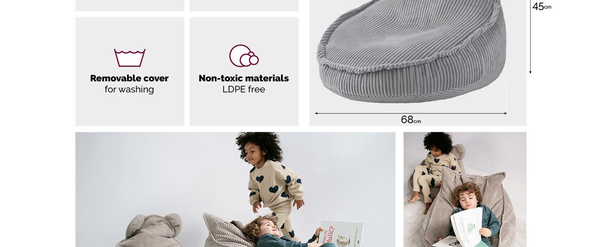 MISIOO Beanbag Kids - Umývateľný - - Pevná a mäkká konštrukcia - Materiál zo šnúry - 68x45 cm - Ideálny do detskej izby - Sivý