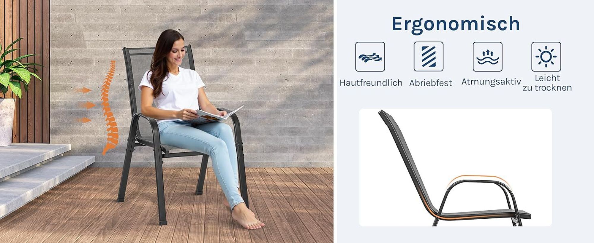 WOLTU Gartensessel, stapelbare Gartenstühle, ergonomisch, wetterfest, Dunkelgrau